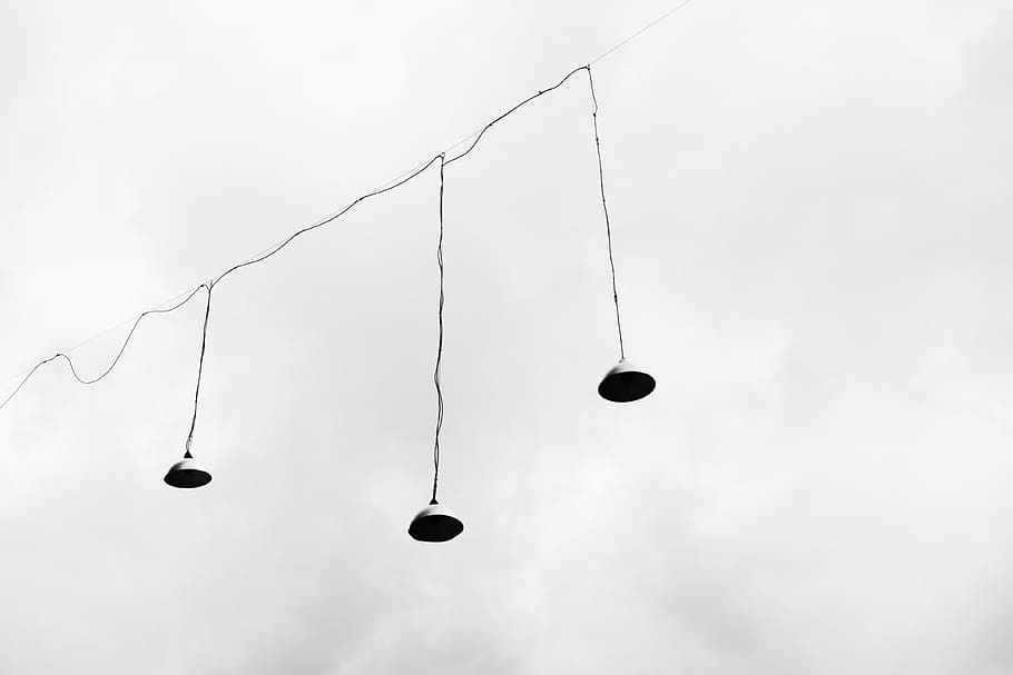 string lights, lamps, sky, clouds, black and white, hanging HD wallpaper