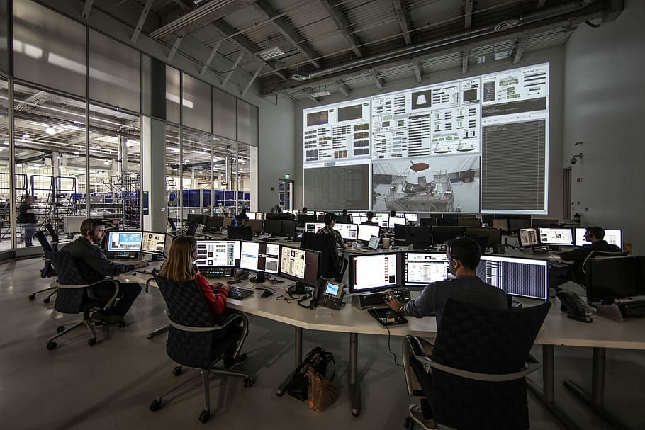 people using computers, space center, spacex, control center