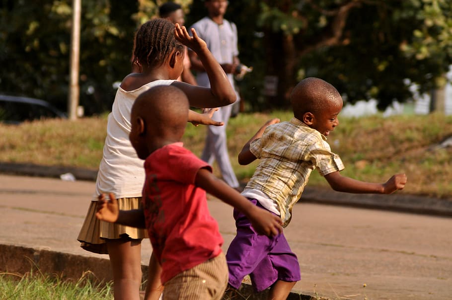children plays on grass, african children, run, outdoors, kid