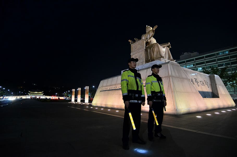 king sejong the great, gwanghwamun, square, police, police Force, HD wallpaper