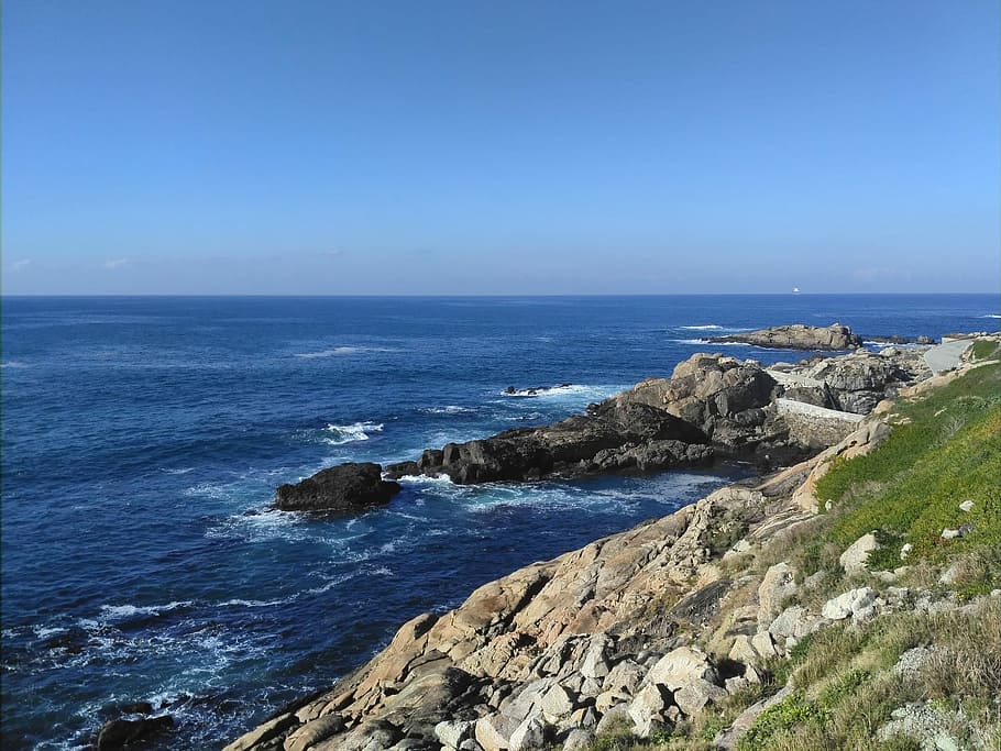 Sea, Waves, Rock, Galicia, Coruña, costa, promenade, sea water HD wallpaper
