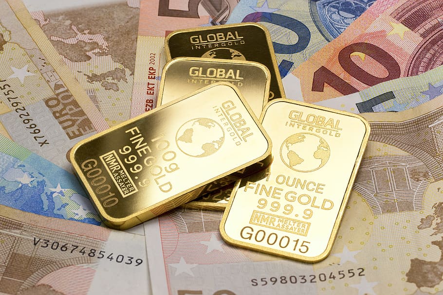 fine gold Global Intergold bars on banknotes, Money, Shop, gold is money