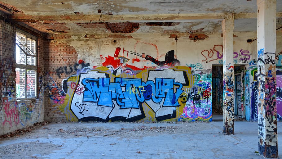 lost places, ruin, graffiti, industrial building, leave, decay, HD wallpaper