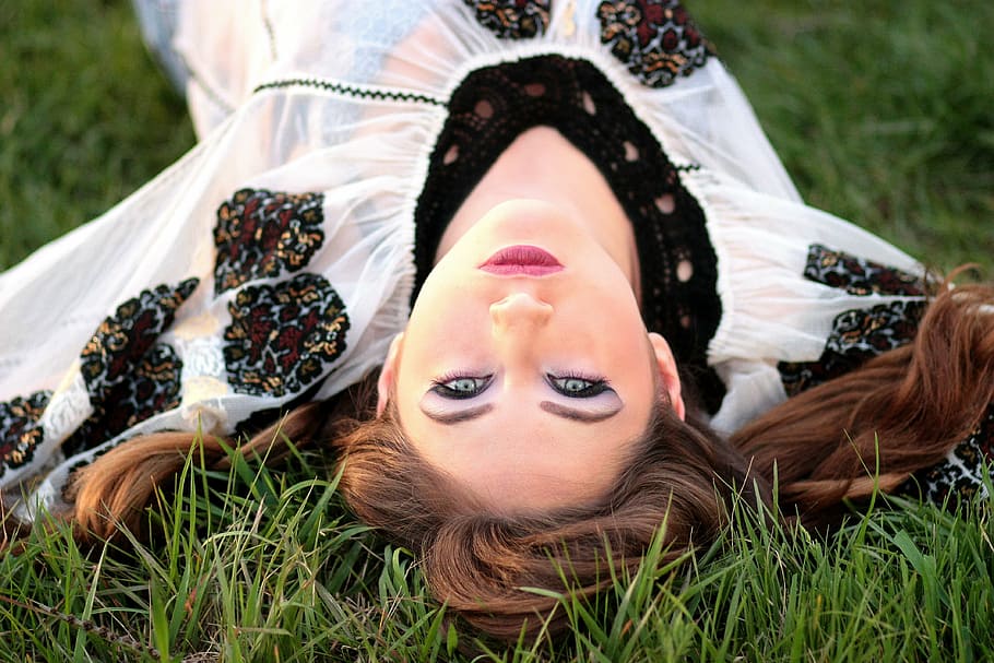 girl, rustic, grass, meadow, green, traditional, lying down HD wallpaper
