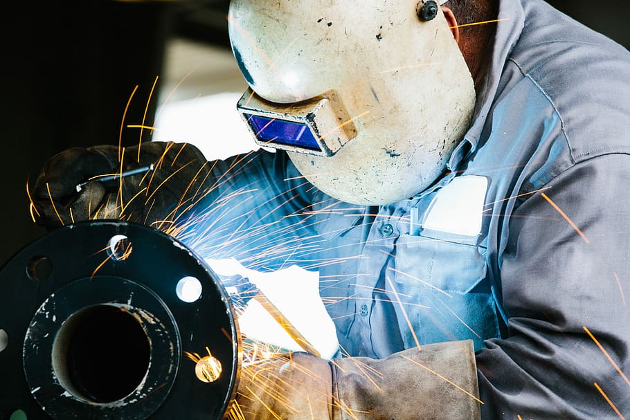 man wearing white welding helmet doing welding, spark, labor HD wallpaper