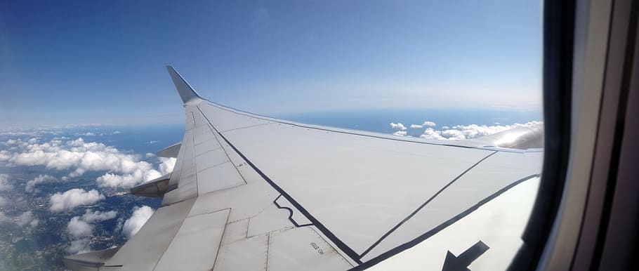 airplane, wing, clouds, sky, flight, aircraft, travel, transportation HD wallpaper