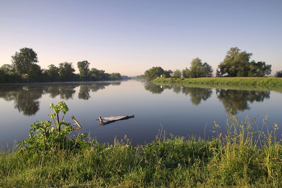 River, Water, Calm, Quiet, Pool, blue, sky, green, grass, scrubs HD wallpaper