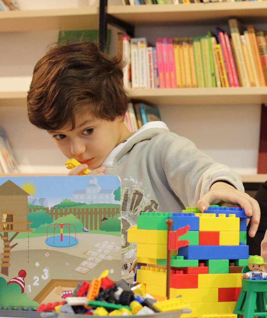 boy playing blocks toy, baby, lego, constructor, architect, fantasy, HD wallpaper