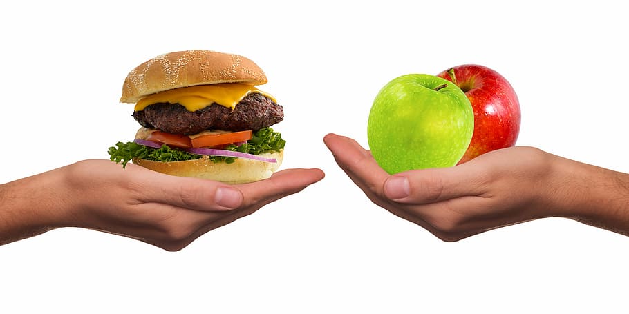 hamburger and apples, eat, food, remove, almost time, overweight, HD wallpaper