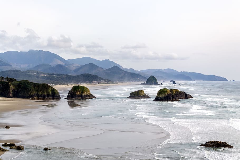 mountain, valley, landscape, view, beach, coast, shore, water HD wallpaper