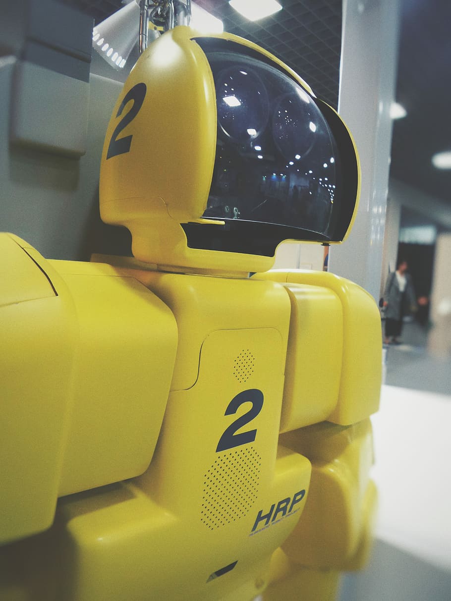 yellow and black robot toy, yellow HRP robot, machine, tech, technology HD wallpaper