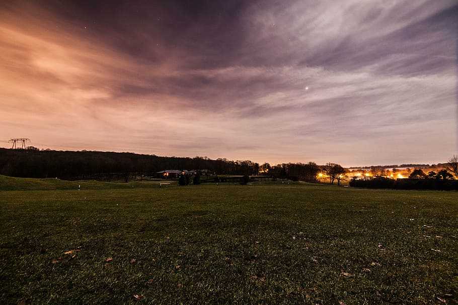 clouds, dawn, dusk, grass, lights, night, sky, nature, sunset HD wallpaper