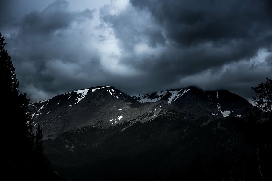 snow-capped mountains under dark clouds, nature, landscape HD wallpaper