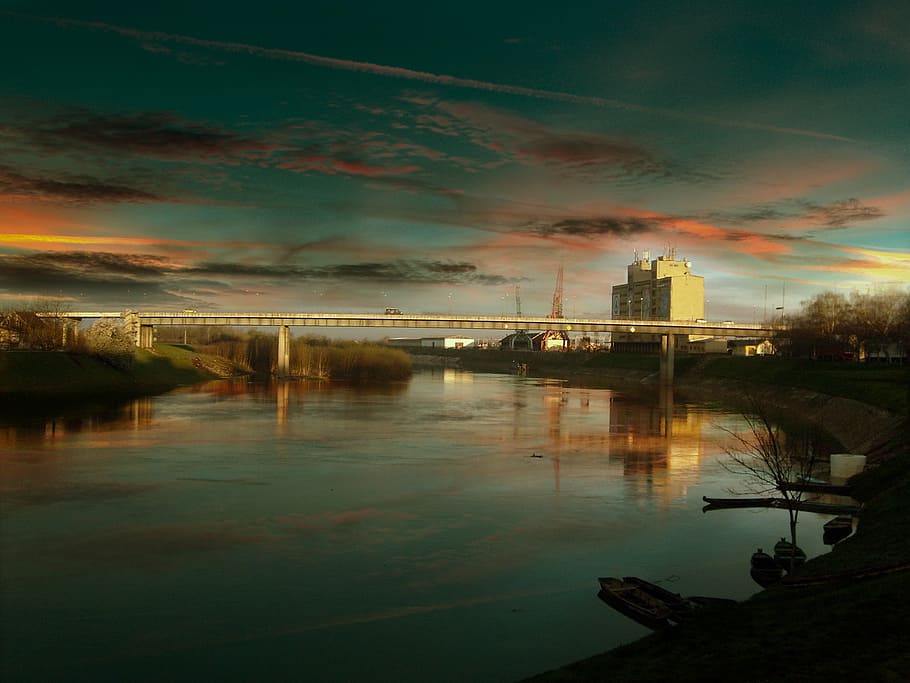 street, panoramic, sky, bridge, river, sunset, industrial, view HD wallpaper