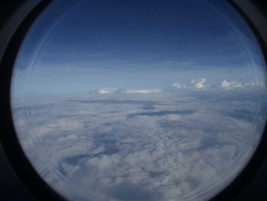 aircraft, clouds, sky, window, porthole, blue, view, airplane HD wallpaper