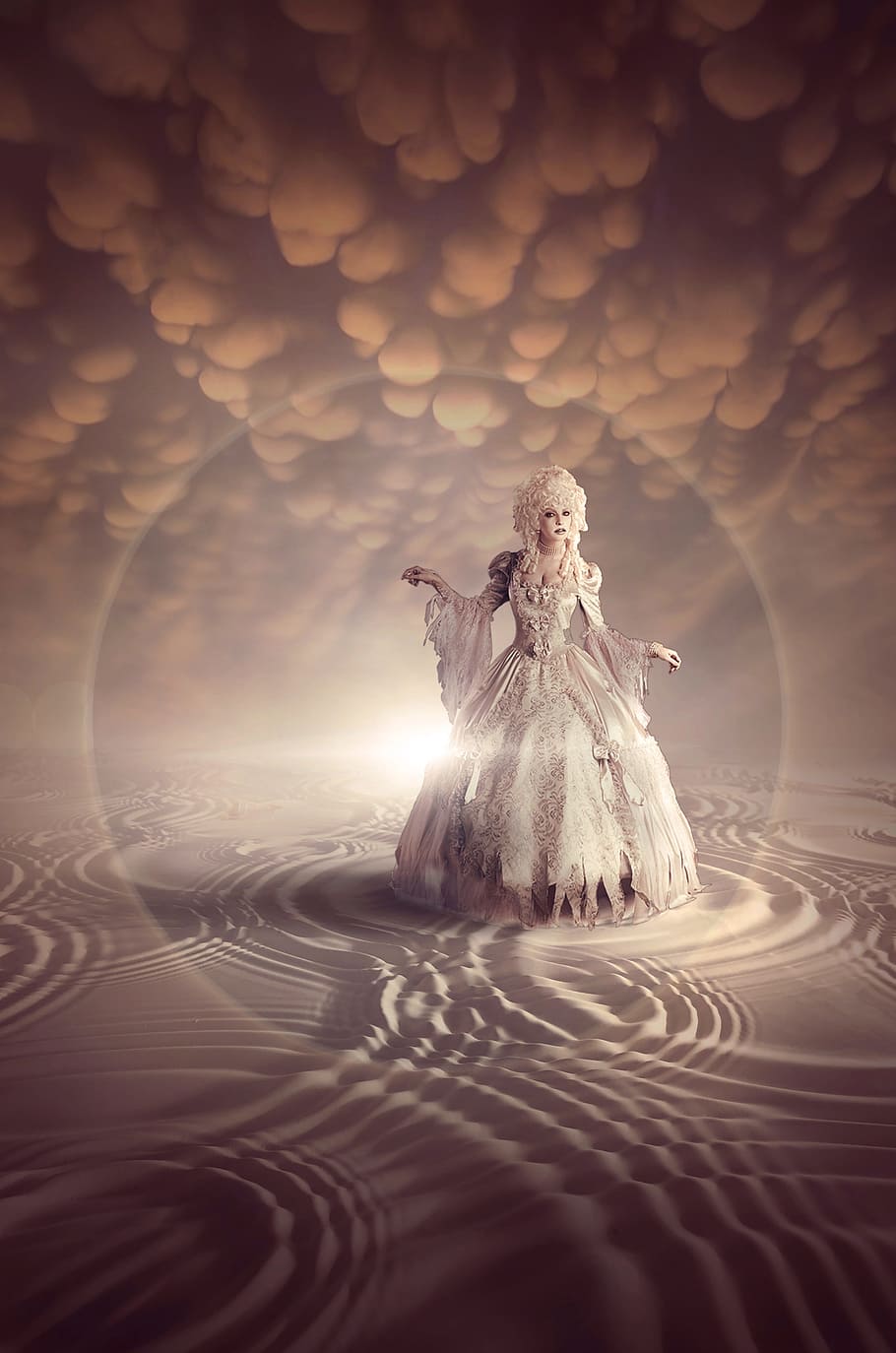 woman wearing white long-sleeved gown, fantasy, book cover, clouds
