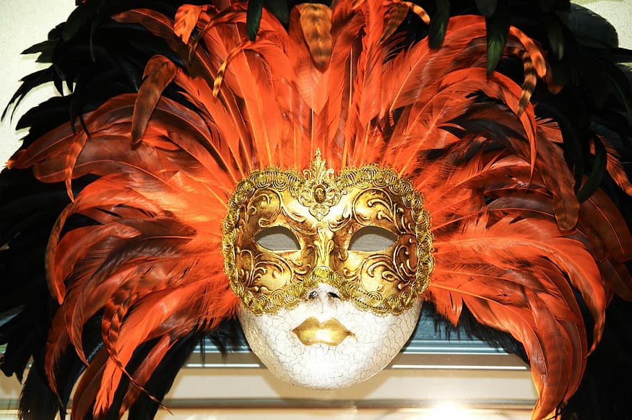 brown and orange feather masquerade mask, gold, white, carnival