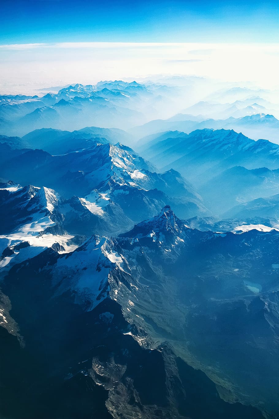 bird's eye view of mountains, aerial photo of blue mountain, mountain range HD wallpaper