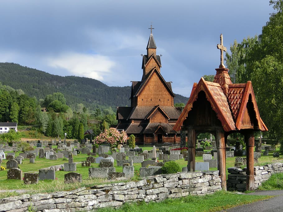 stave church, norway, cemetery, architecture, building, travel, HD wallpaper