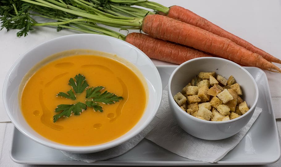 soup on white ceramic bowl, carrots soup, fresh soup, food, healthy, HD wallpaper