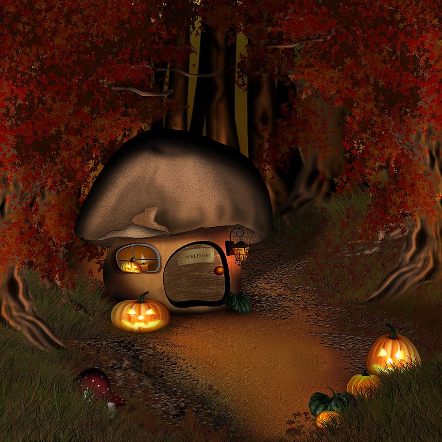 brown and red house wallpaper, halloween, forest, mushroom house, HD wallpaper