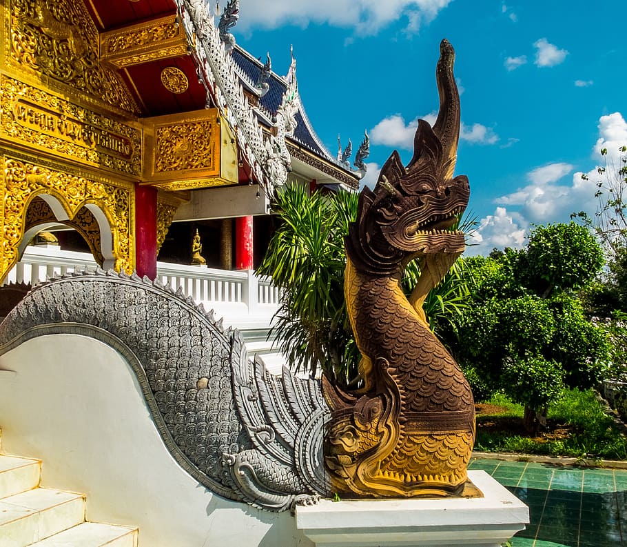 temple complex, dragon snake, staircase north thailand, built structure