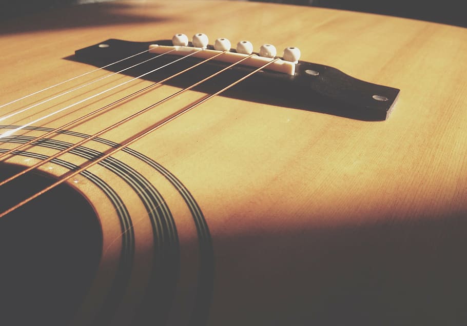 brown acoustic guitar, macro, shot, strings, musical, instrument HD wallpaper