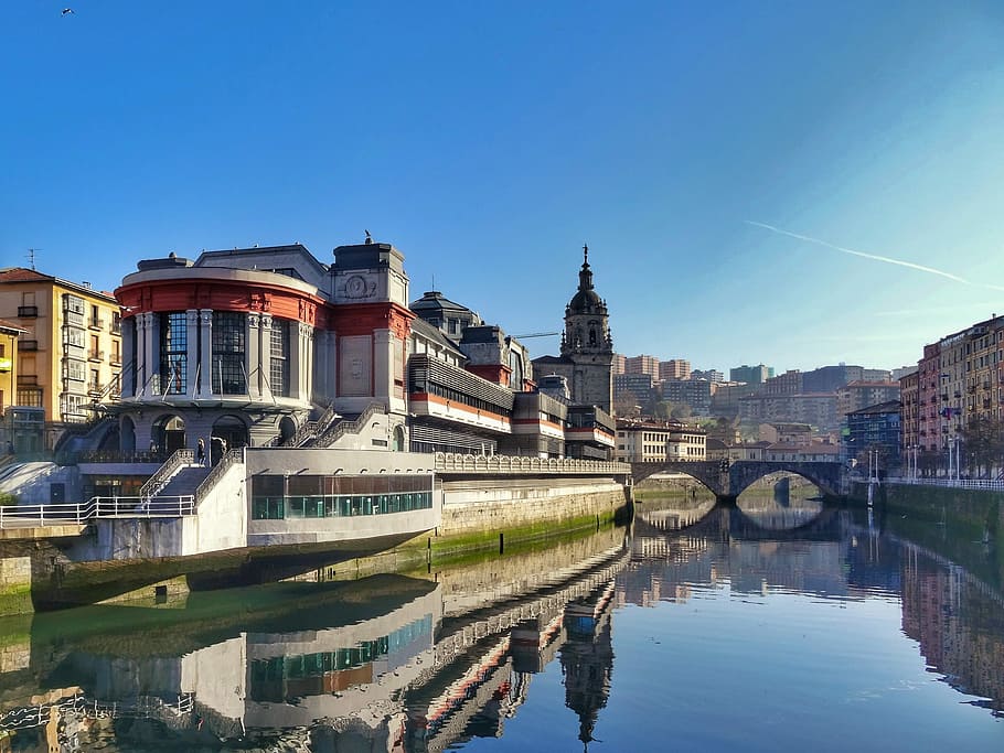 blue sky, ribera, river, reflection, water, architecture, built structure HD wallpaper