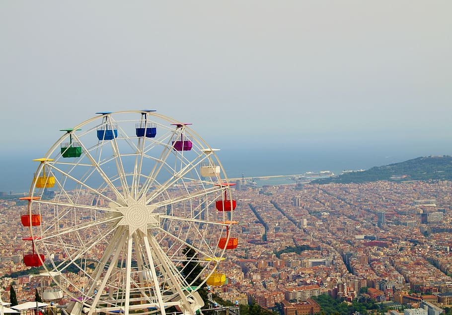 high angle photo of ferris wheel, barcelona, sightseeing, europe