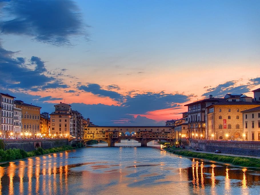 calm body of water under bridge, arno river, sunset, ponte vecchio HD wallpaper