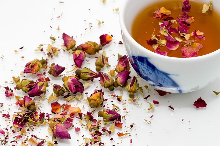 brown soup in white and blue ceramic bowl, white and blue ceramic teacup with rose tea HD wallpaper