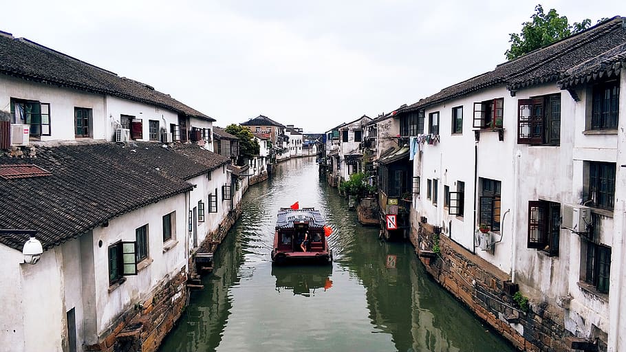 ancient town, small river, boat, building exterior, architecture HD wallpaper