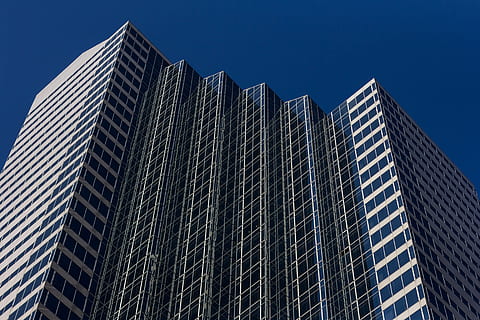 low angle photo of curtain wall building at daytime, architectural photography of white and black building HD wallpaper