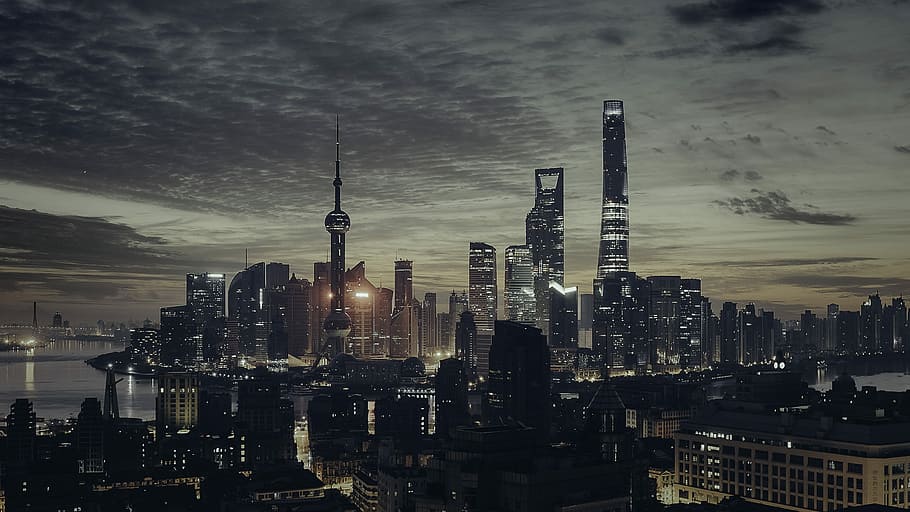 Shanghai tower in night time, grayscale photo of Oriental Pearl Tower, China