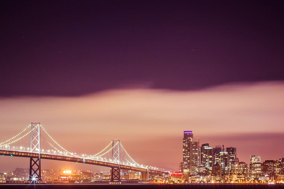Bay Bridge with San Francisco Skyscrapers Cityscape at Night, HD wallpaper