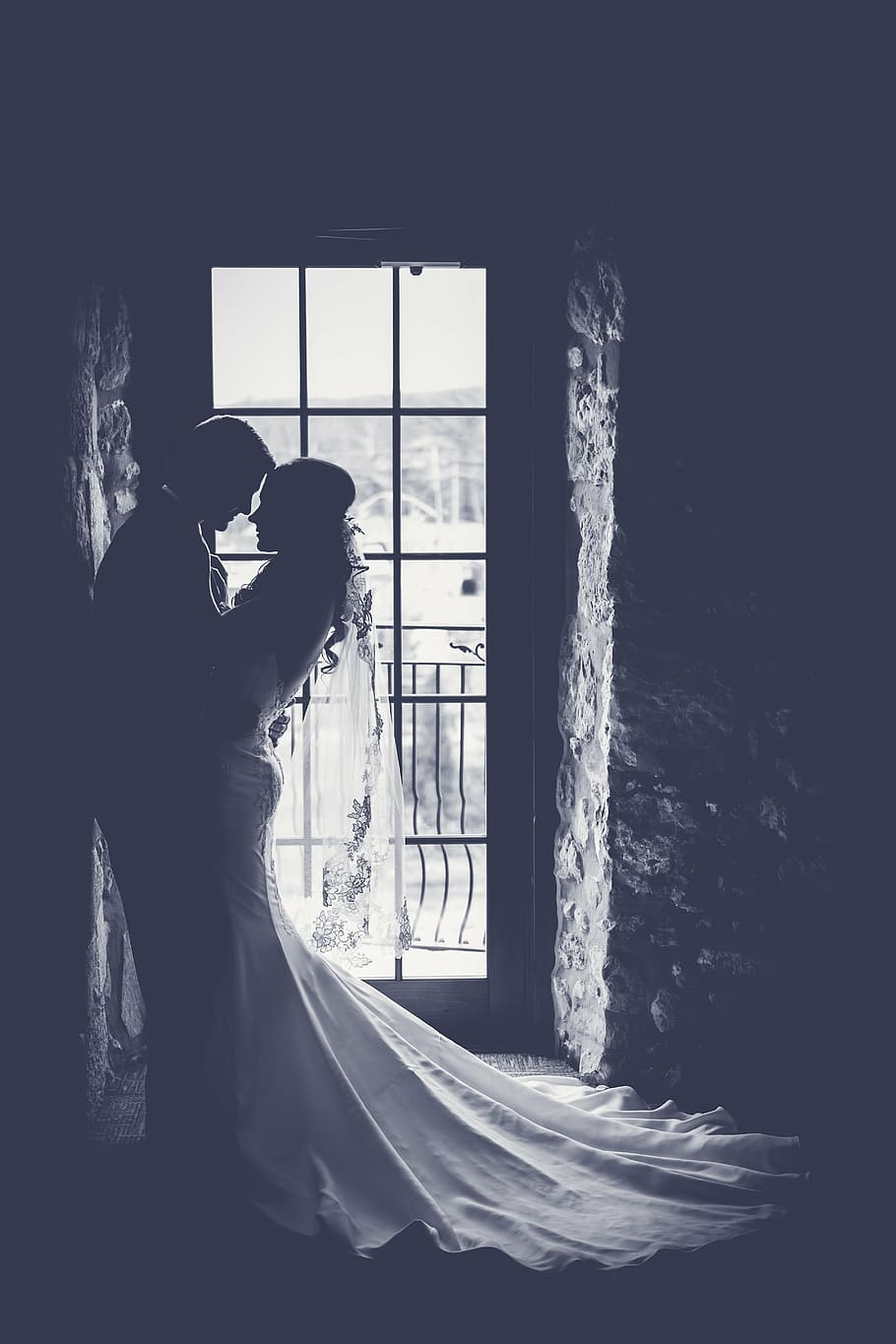 women's white bridal gown, bride, couple, dark, door, groom HD wallpaper