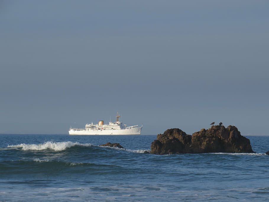 ocean, sea, waves, rock, ship, nautical vessel, water, sky HD wallpaper