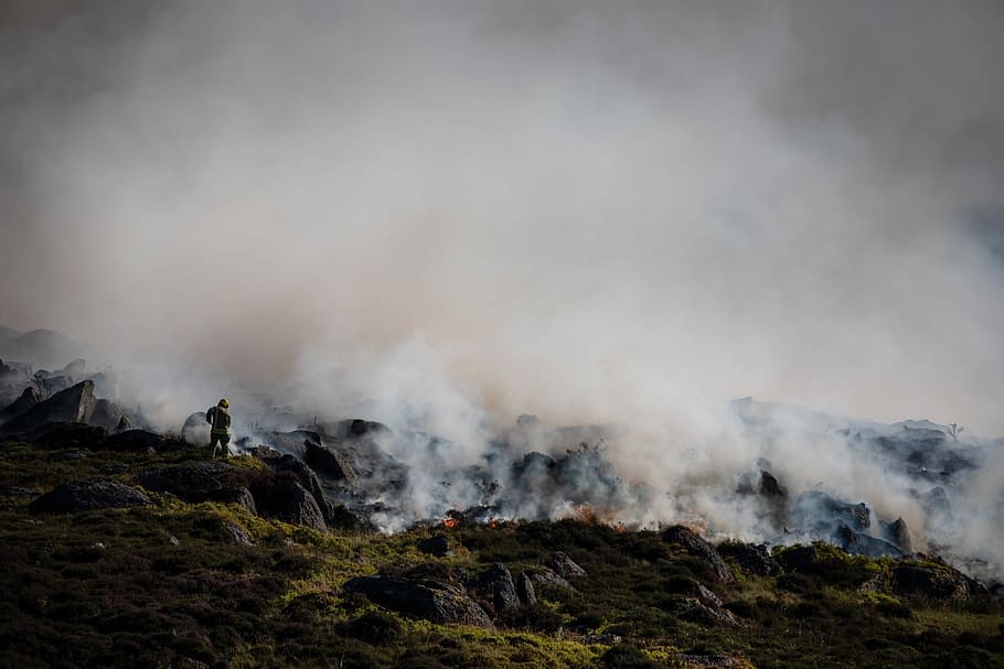 man standing on top of mountain, Wild Fire at Cilgwyn Mountain, North Wales HD wallpaper