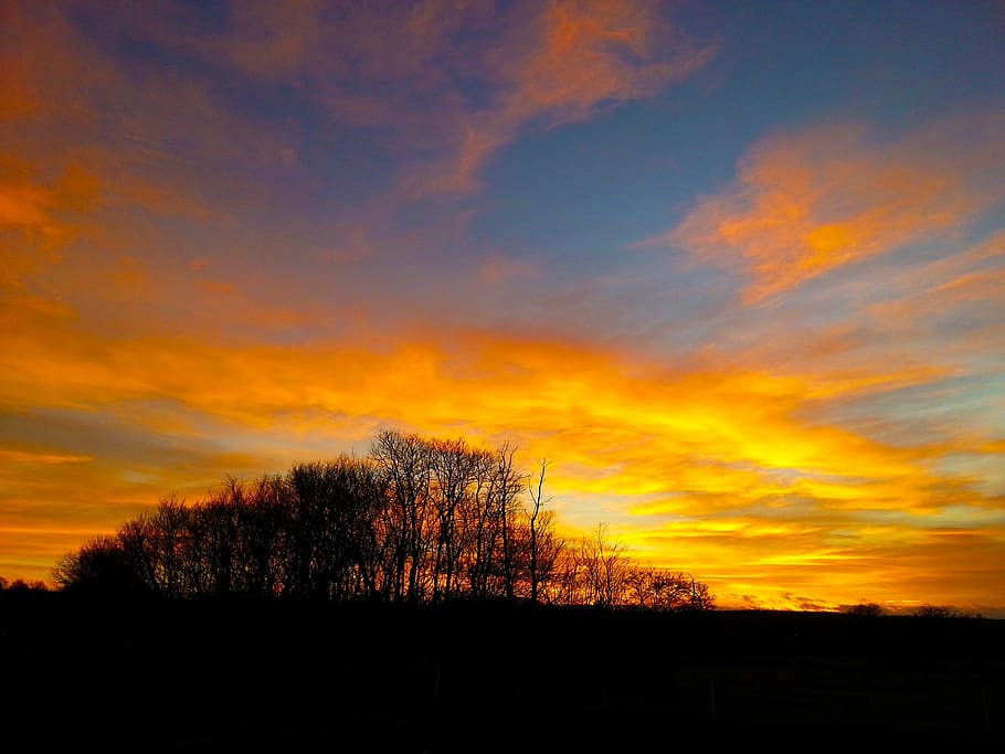 sunset, sky, silhouette, cloud, orange, blue, landscape, evening HD wallpaper