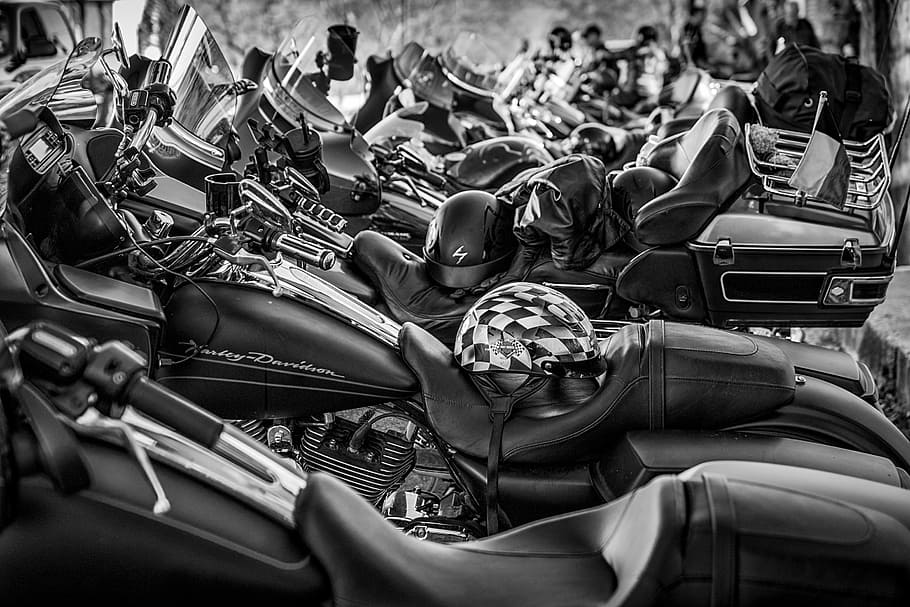 grayscale photography of motorcycle parked on street, harley