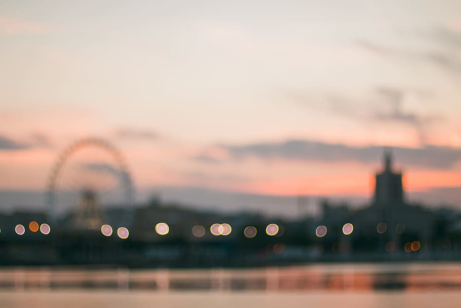 sky, clouds, bokeh, amusement, park, ride, sunset, no people HD wallpaper