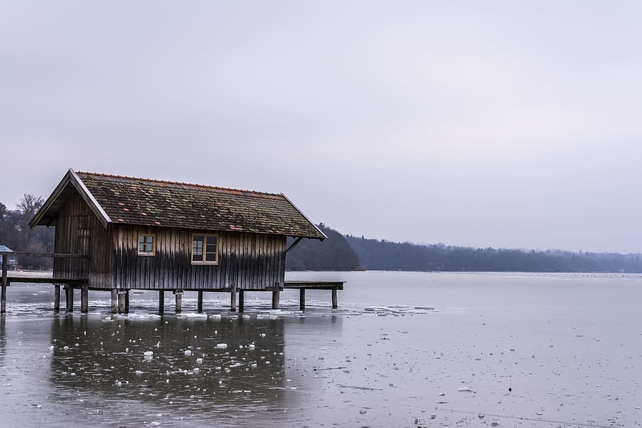 Ammersee, Boat House, Frozen, Water, lake, web, bavaria, landscape, HD wallpaper