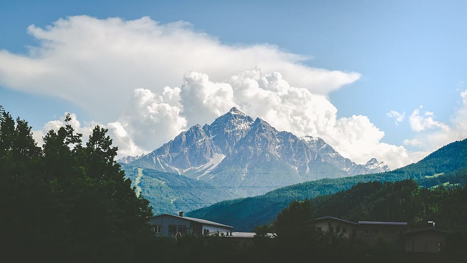 clouds, sky, mountain, valley, nature, landscape, house, green HD wallpaper