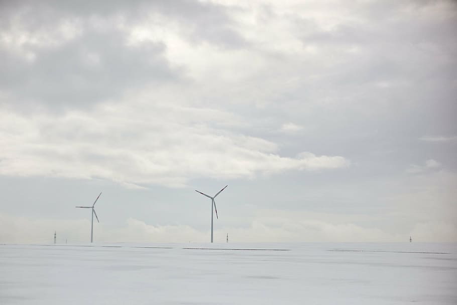 windmills at the filed during day, snow, white, clouds, sky HD wallpaper