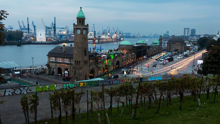 hamburg, landungsbrücken, lights, evening, port, hamburg landungsbrücken, HD wallpaper