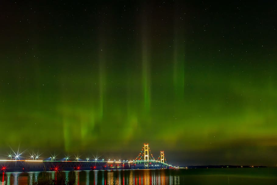 Mackinac Bridge, Northern Lights, michigan, aurora borealis, tourism, HD wallpaper