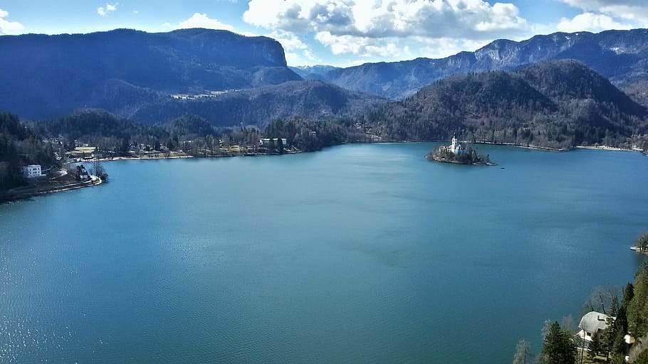 Bled, Lake, Water, Clouds, Mountains, sunny, slovenia, nature HD wallpaper