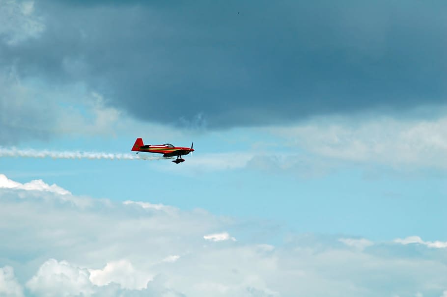plane, aircraft, the dome of the sky, flight, small, red, cloud - sky, HD wallpaper