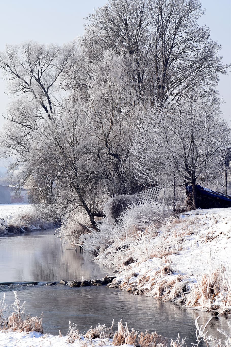 winter, winter mood, wintry, snowy, trees, romantic, river HD wallpaper
