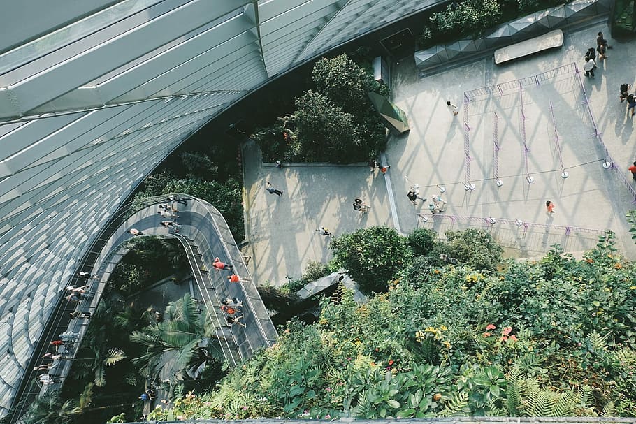 aerial view of people walking towards the building, people walking on pathway and concrete floor in aerial photography HD wallpaper
